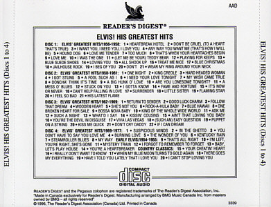 Elvis His Greatest Hits - Reader's Digest Canada 1996 - # 3339 - Elvis Presley CD