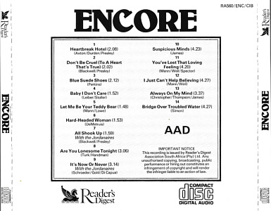Encore - Reader's Digest  RDCD Z87091ZZ - South Africa - Elvis Presley CD