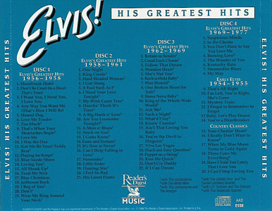 Elvis His Greatest Hits - Reader's Digest USA 1999 -  RD7A-010 - Elvis Presley CD