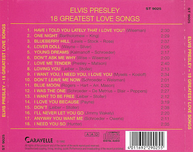 18 Greatest Love Songs (Caravelle ST 9025) - Elvis Presley Various CDs