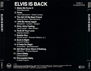 Elvis Is Back! - German Club Edition - BMG 18566-0 - Germany 1989