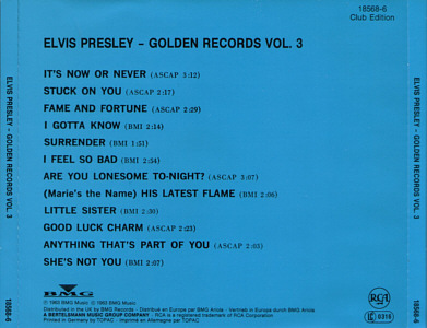 Elvis' Golden Records Vol. 3 - German Club Edition - BMG 18568-6 - Germany 1989