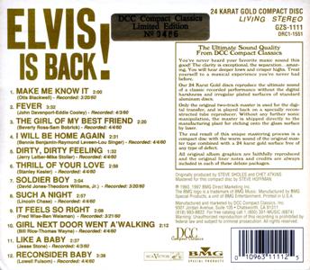 Elvis Is Back! - 24 Karat Gold Disc - GZS-1111 (DRC1-1551) - USA 1997