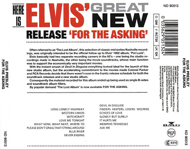 For The Asking - The Lost Album - Germany 1994 - BMG ND 90513 - Elvis Presley CD