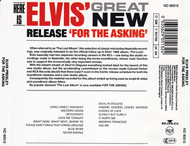 For The Asking - The Lost Album - ND 90513 - Germany 1998 - Elvis Presley CD