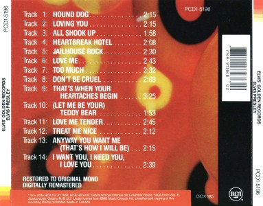Elvis' Golden Records - Canada 1995 - Columbis House Music CD Club - BMG PCD1-5196