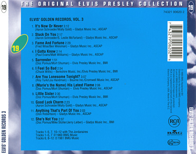 Elvis' Golden Records Vol. 3 -  The Original Elvis Presley Collection Vol. 19 - EU 1999 - BMG 74321 906220 2 - Elvis Presley CD