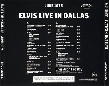 Live in Dallas-June 1975 - Netherlands 1987 - RCA SPCD 230587 - Elvis Presley CD