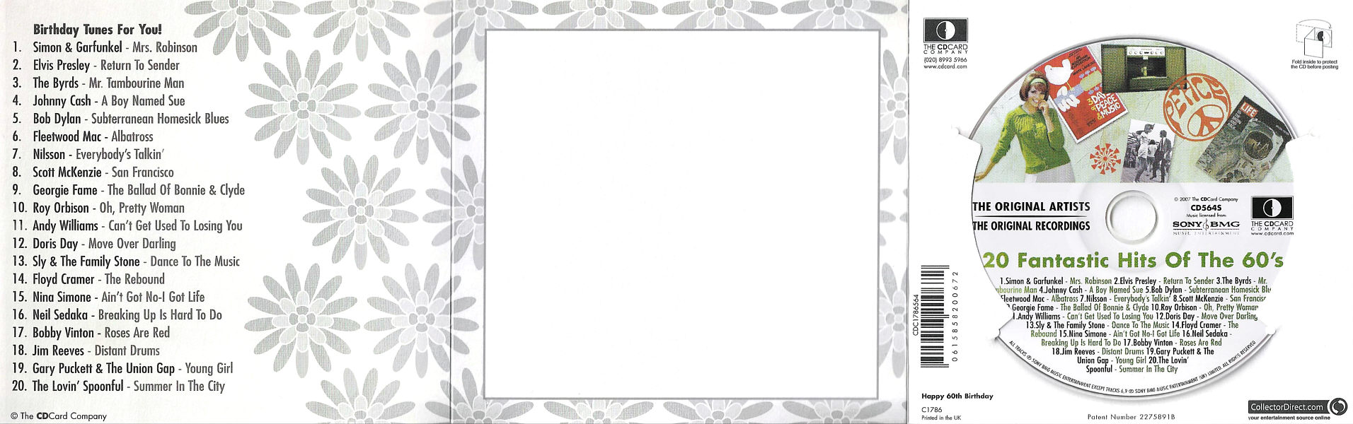 Happy Happy Birthday 60th - 20 Fantastic Hits Of The 60's- UK 2007 - Sony BMG  / CD Card Company CD564S - Elvis Presley Various Artist CD70th - 20 Fantastic Hits Of The 60's- UK 2007 - Sony BMG&nbsp; / CD Card Company CD564S - Elvis Presley Various Artist CD