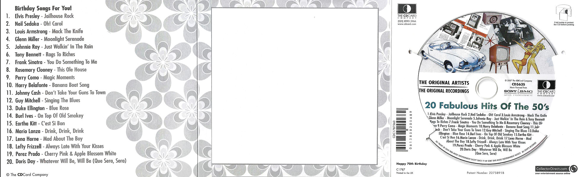 Happy Birthday 70th - 20 Fabulous Hits Of The 50's- UK 2007 - Sony BMG  / CD Card Company CD563S - Elvis Presley Various Artist CD